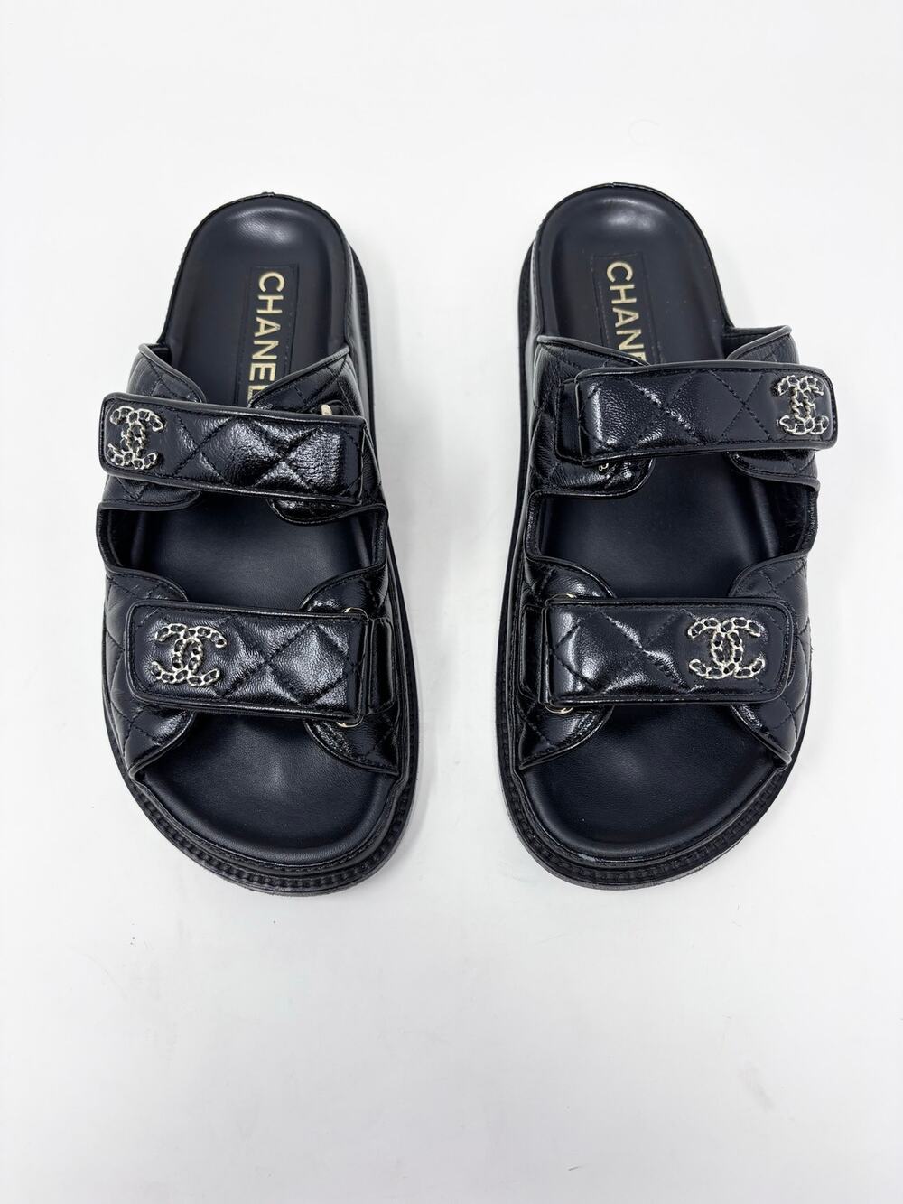 Chanel Caviar Leather Black Dad Sandal Mule Slide CC chain Accent size 37.5 EU